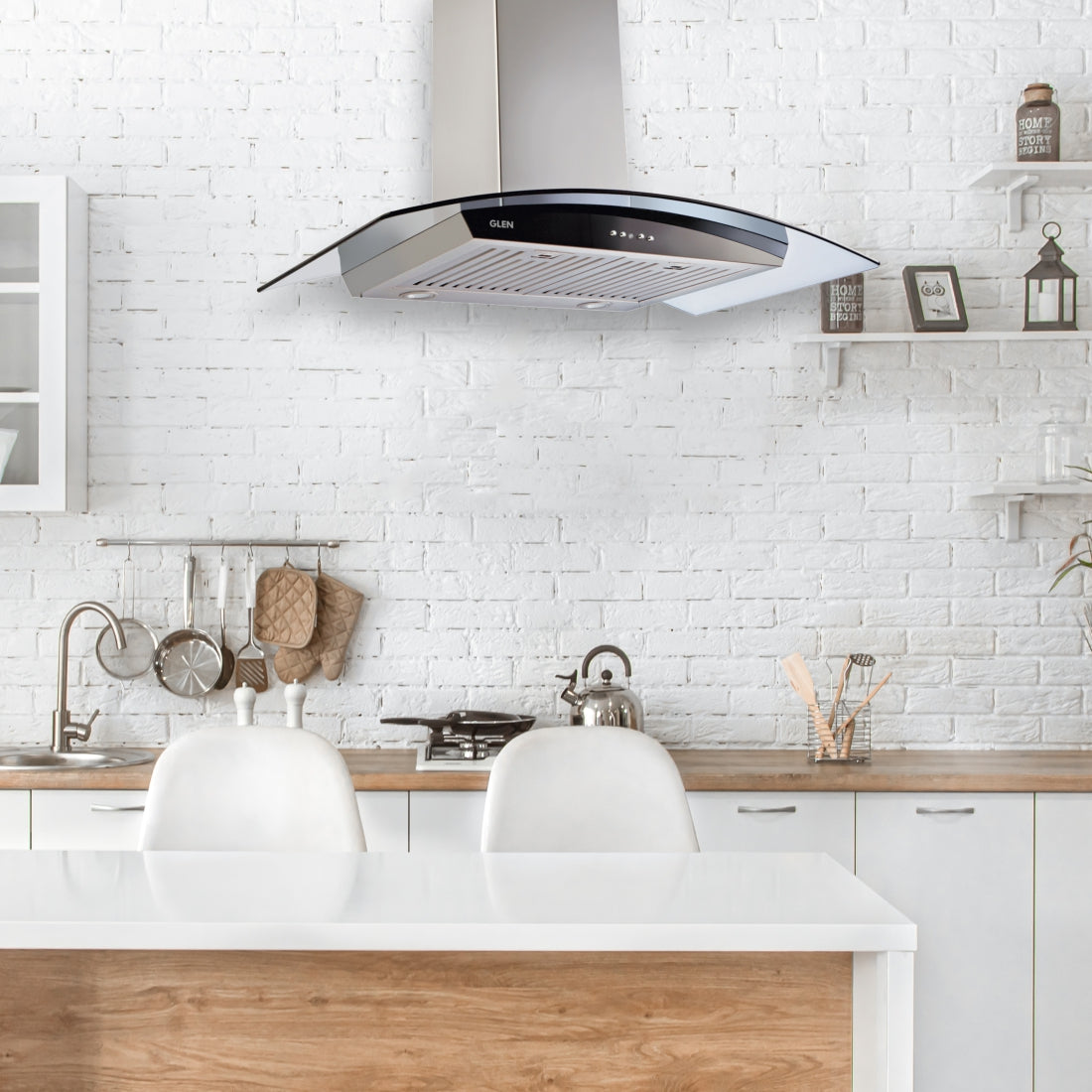 Kitchen Chimney Curved Glass, Push Buttons Baffle filter 90cm 1250 m3/h -Silver (6071 GF)