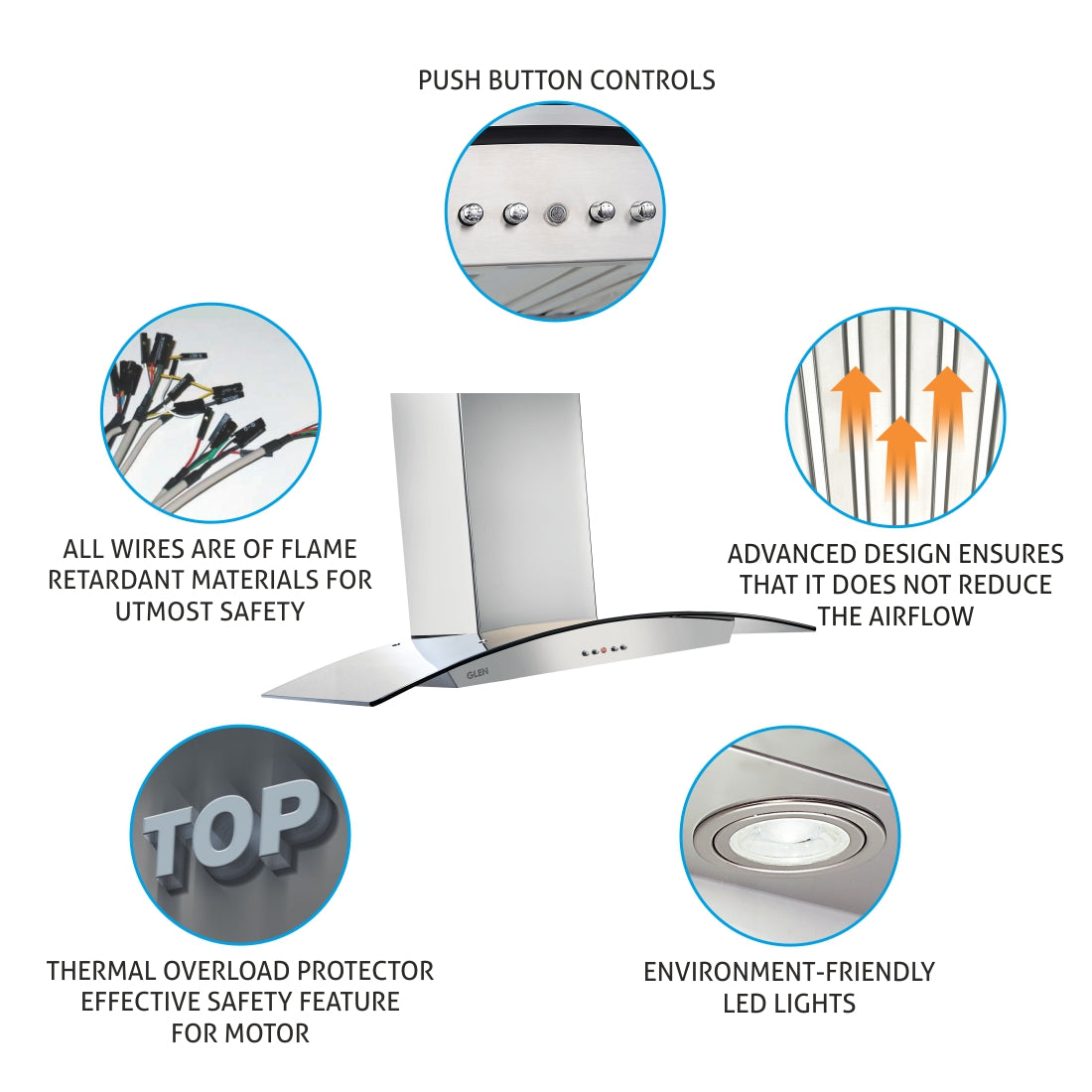 Kitchen Chimney Curved Glass Push Buttons Baffle filter 90cm 1000 m3/h -Silver (6071 SS)