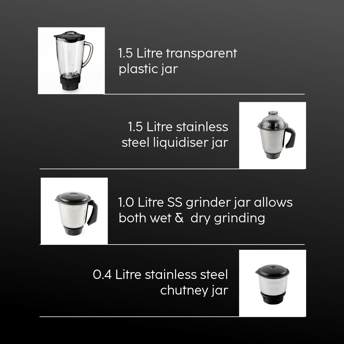 Mixer Grinder 750W with 1 Transparent Jar 3 Stainless Steel Jars - Black & Silver (4023 PLATINUM)