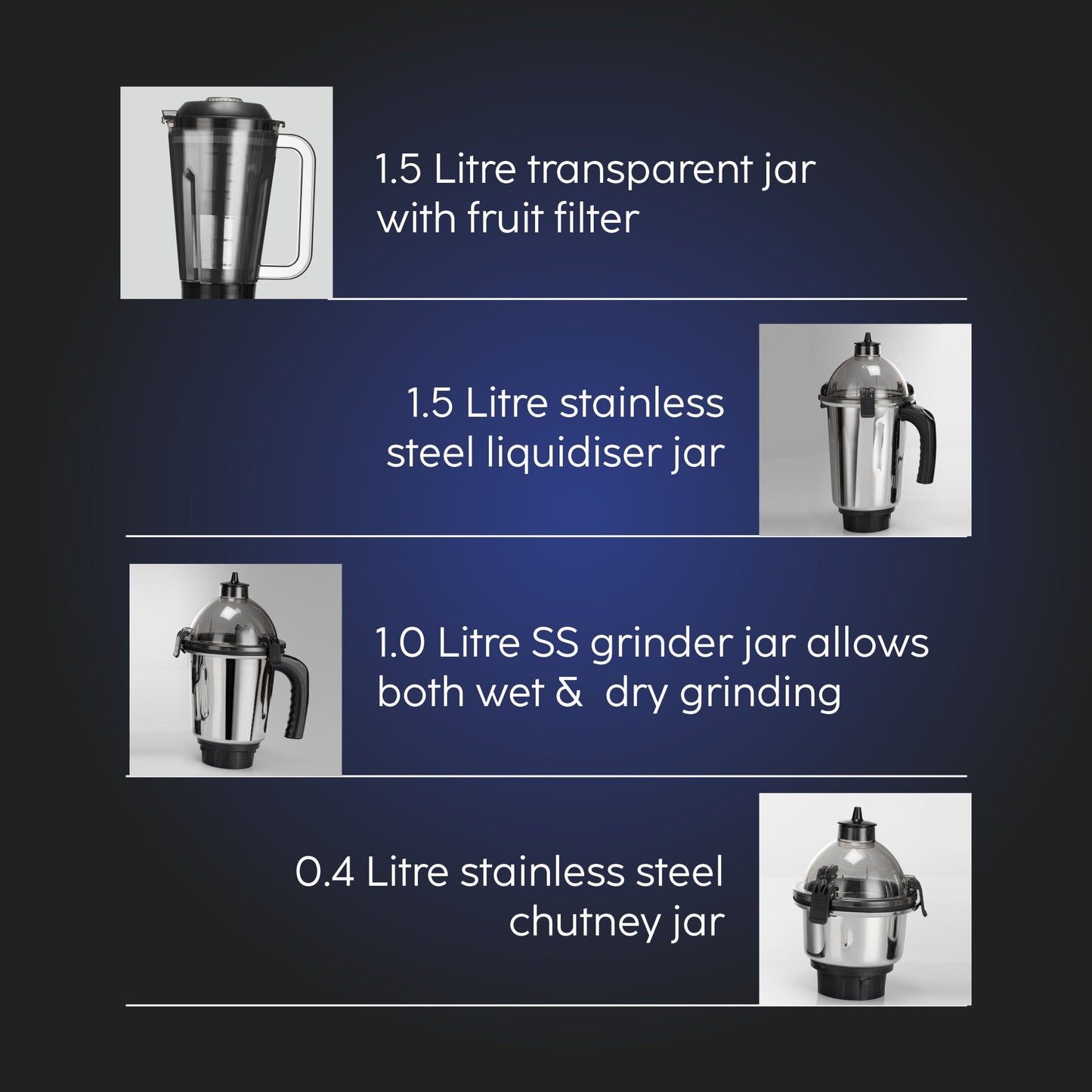 Ultra Tuff Mixer Grinder 1000W with 1 Transparent Jar & 3 Stainless Steel Jars (4031PLUS)