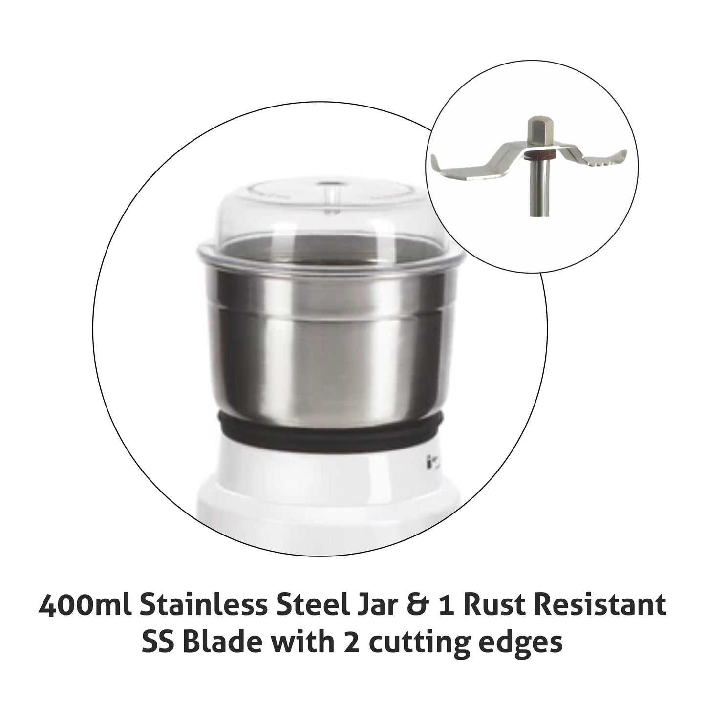 Electric Mini Grinder, 50gm SS Jar for Dry and Wet Grinding 350W - White (4045 NG)