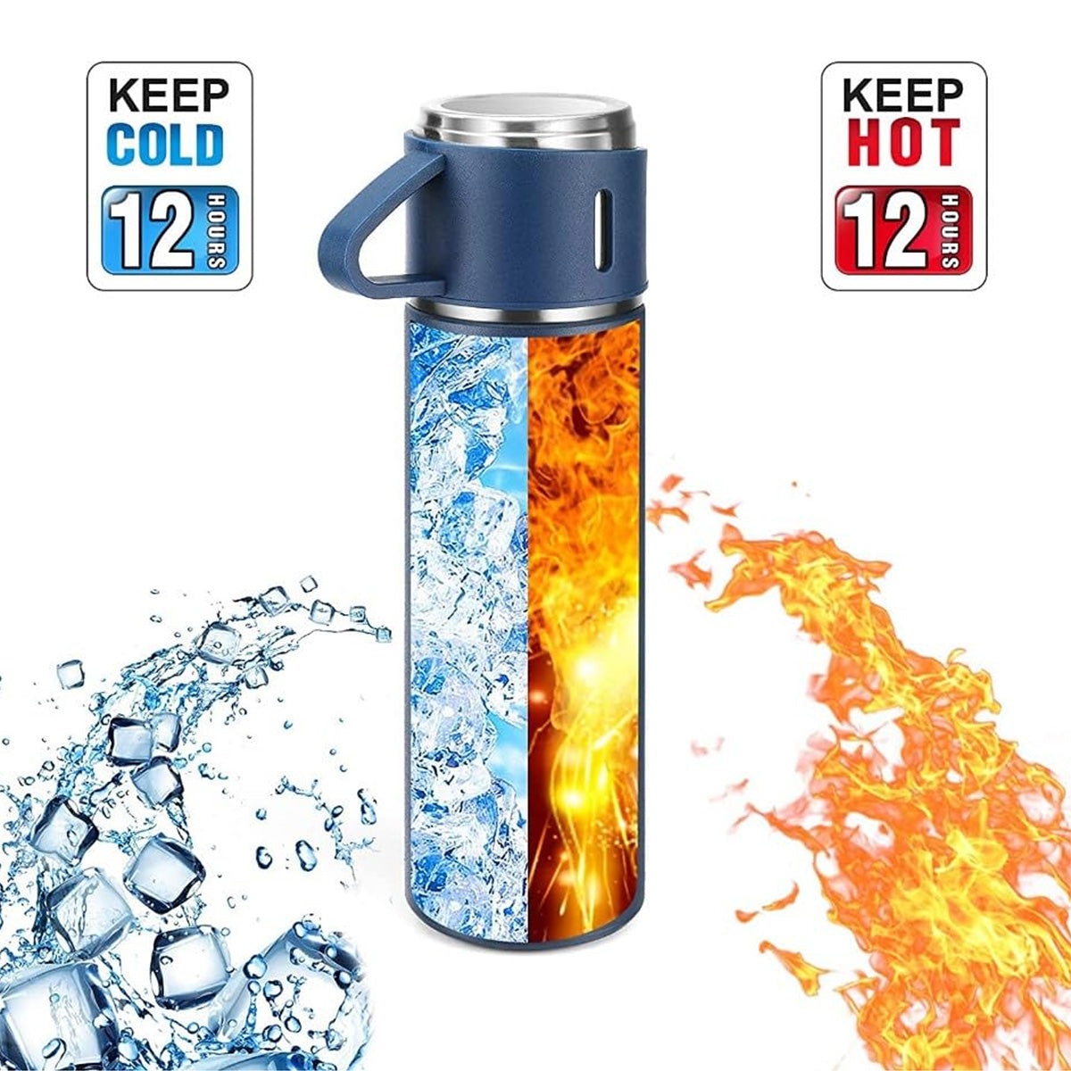 KAIROS Premium Vacuum Flask with Cups Set (500 ml) | Insulated Hot & Cold Water Bottle | Travel & Home Use