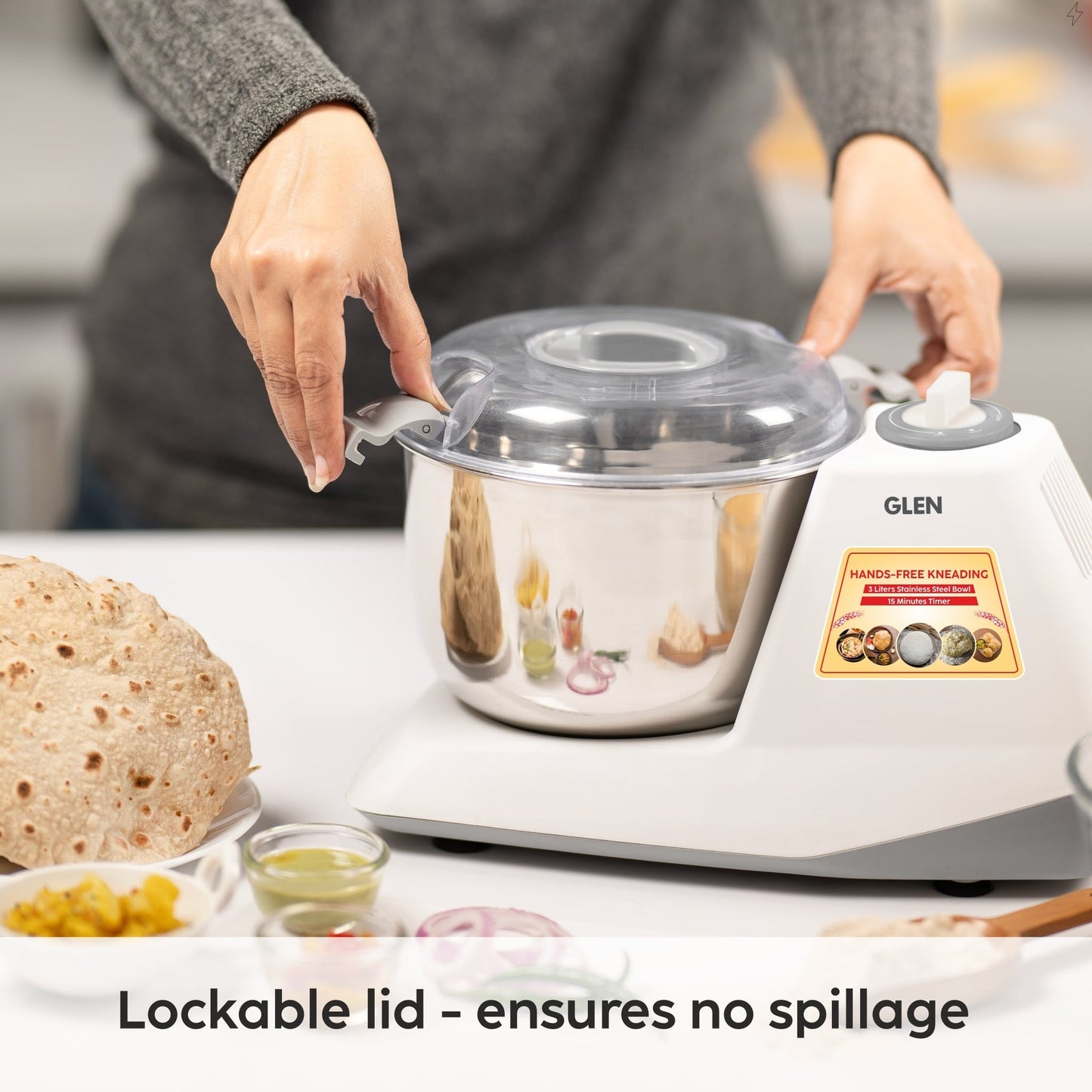 GLEN Atta Kneader Dough Maker 650W | Hands-Free Kneading with 3L Large Stainless Steel Bowl | Efficient & Durable for Soft Dough Every Time (SA3032DM)