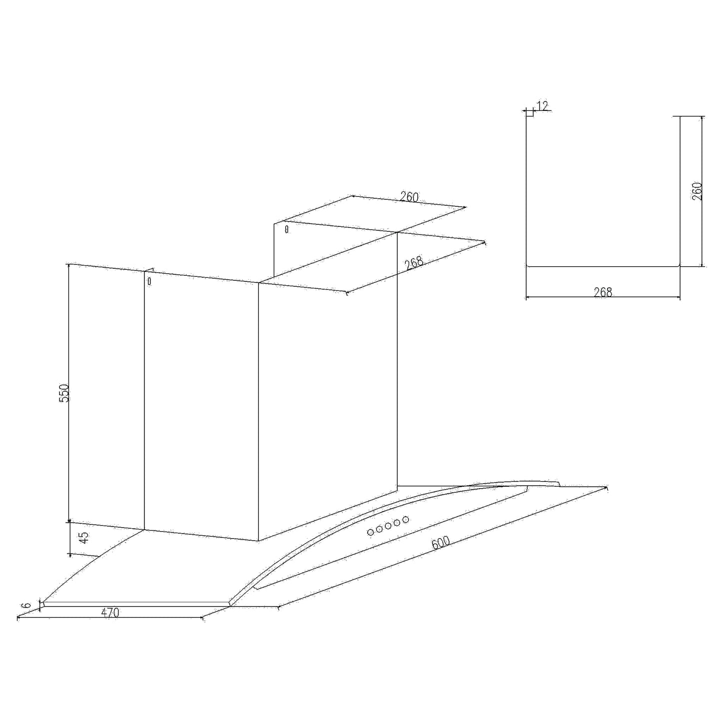 Kitchen Chimney Curved Glass with Push Button Baffle filters 60cm 1000 m3/h -Black (6070 JU BL)