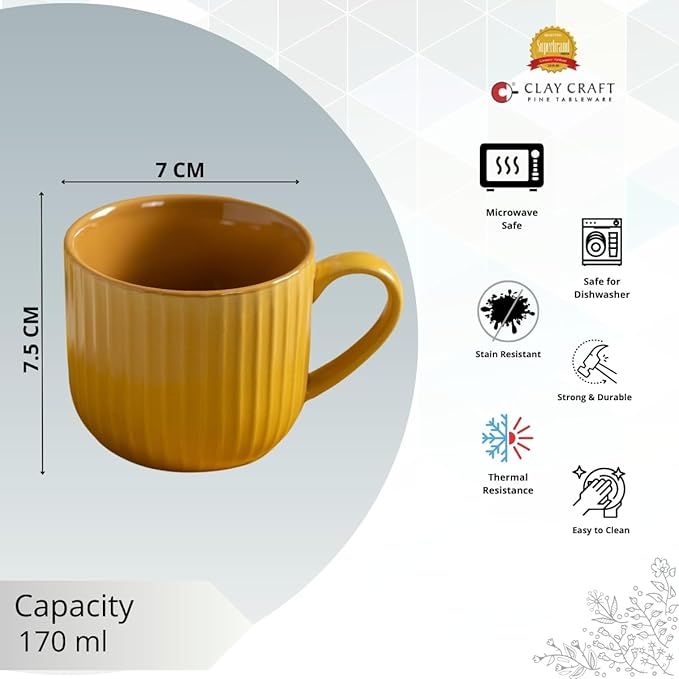 Claycraft Linea Pebble Mustard Cup & Saucer, Set of 12 (6 Cups + 6 Saucers) (170 ml)