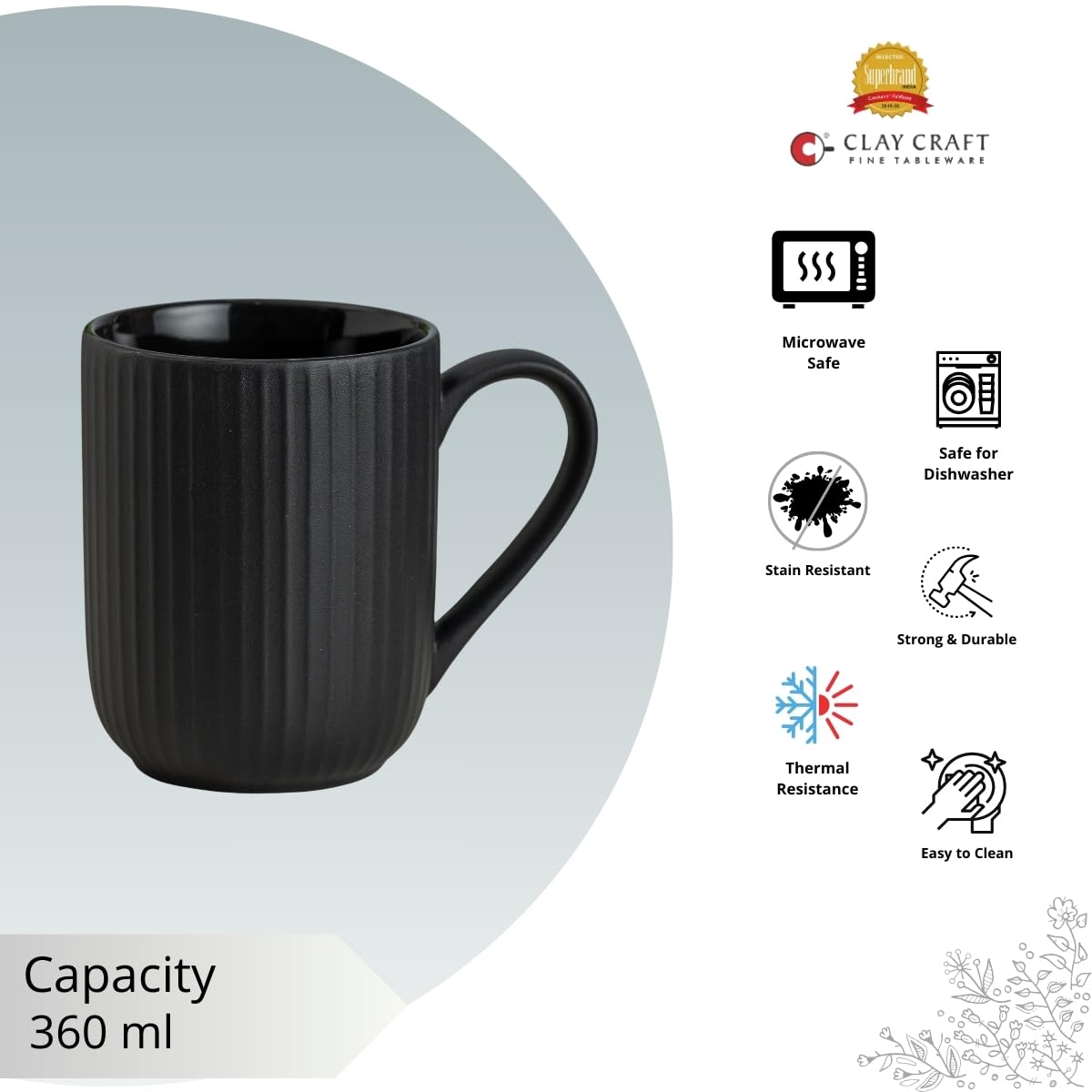 Claycraft Linea Pebble Black Coffee/ Milk Mug, 1 Piece (360 ml)