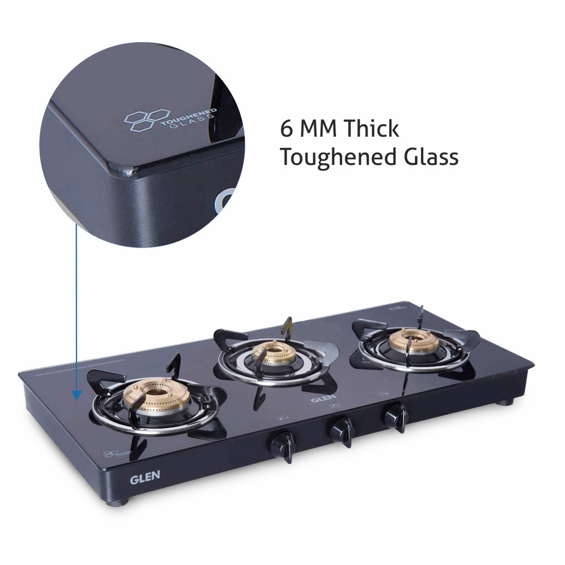 GLEN 3 Burner PNG Glass Gas Stove with High Flame Brass Burner Extra Large Black (CT1033GTXLBBBLPN)