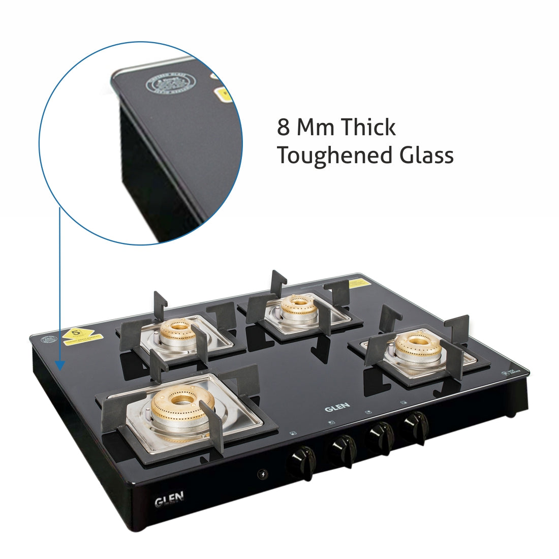 GLEN 4 Burner Glass Gas Stove 1 High Flame 3 Forged Brass Burner Auto Ignition 70 CM Black (CT1048GTSQBLFBAI)