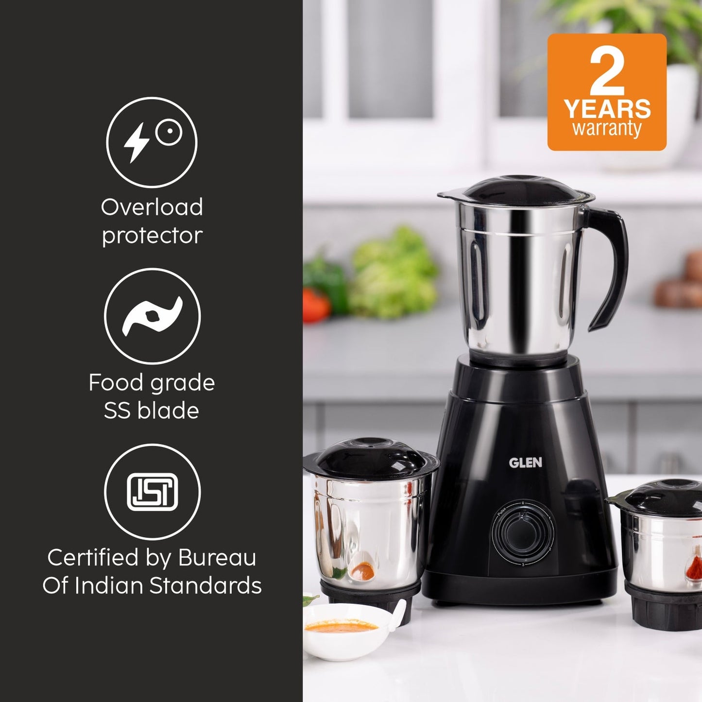 GLEN Mixer Grinder 550W with 3 Stainless Steel Liquidiser, Grinder and Chutney Jars - Black (4021)