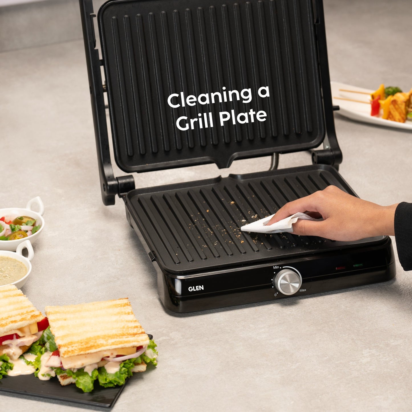 GLEN Electric Contact Grill & Sandwich Maker with 180-degree opening, Non-Stick Plates, 2000w - (SA3031INCG)