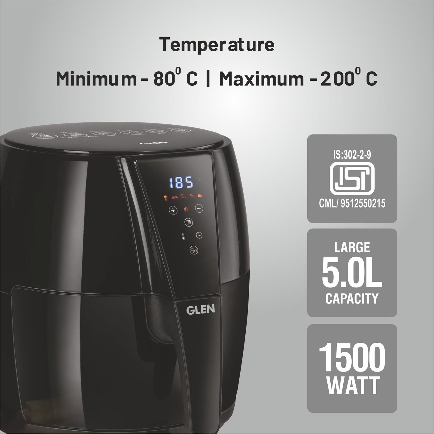 GLEN Air Fryer, 5.0 Litre Digital Controls, 6 Pre Set Menu Timer, Temperature Control, 1500W -Black (SA3041DIGI)