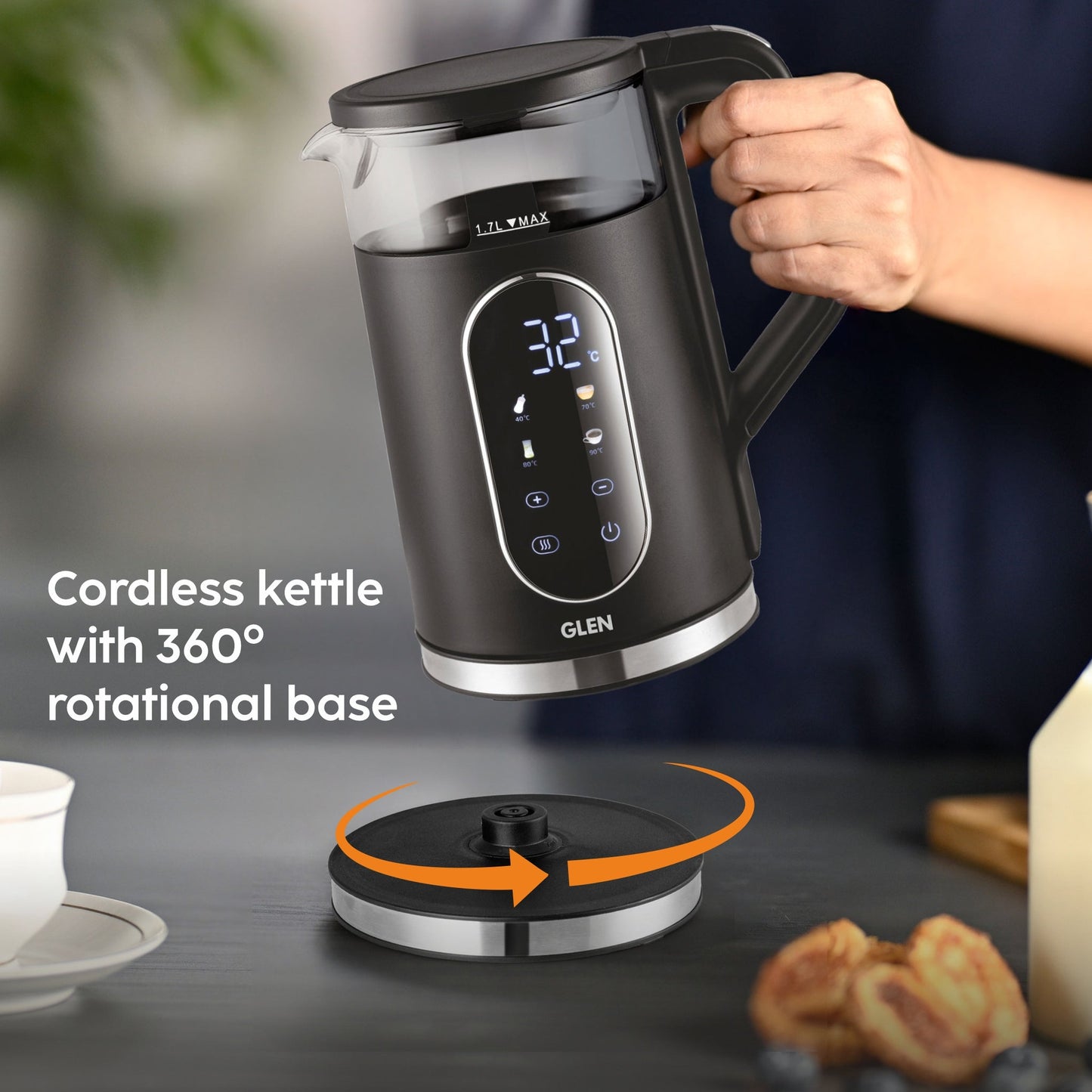 GLEN Electric Kettle 1.5 Litre | Digital Display Touch Control and 4 Pre Set Functions | Auto Shutoff, 1500W (SA-9008GLBL)