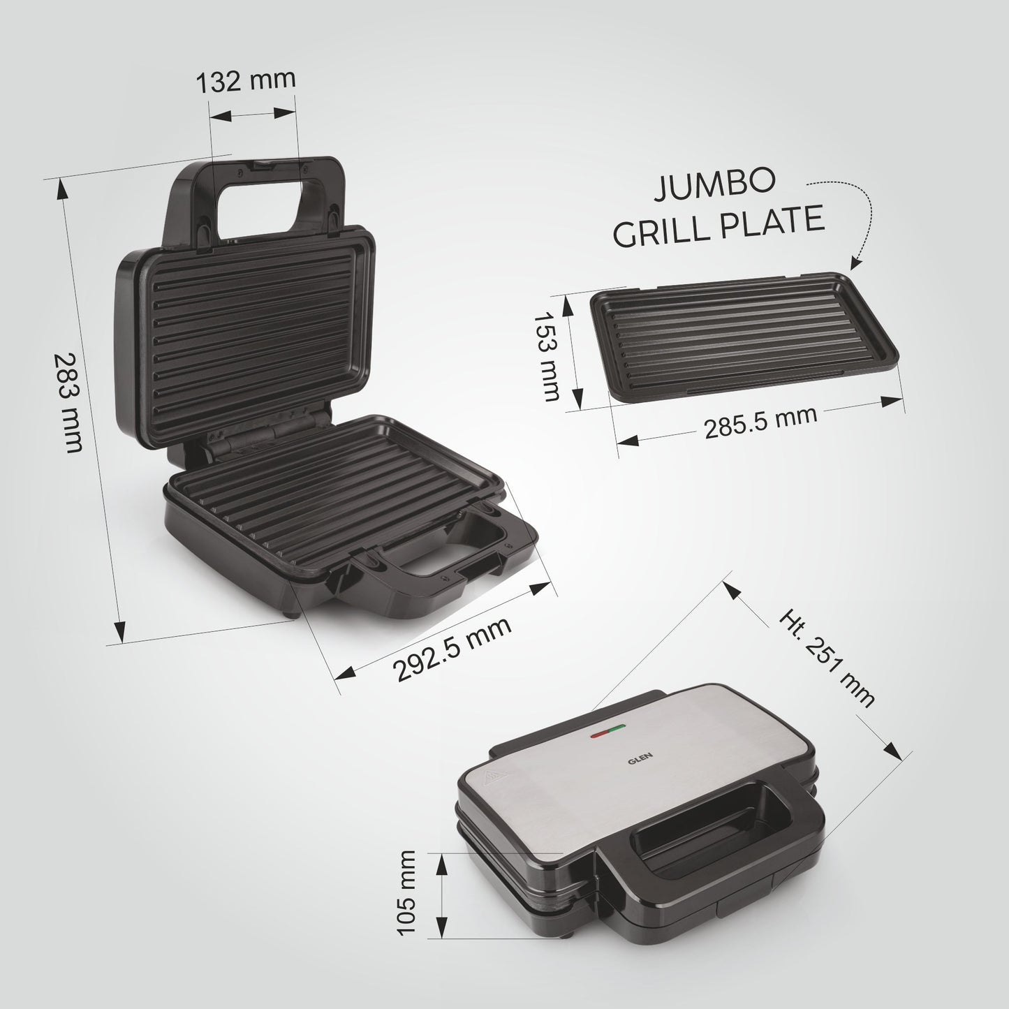 GLEN Electric Jumbo Sandwich Maker Grill with Non-Stick Coating Plates, 1000W - (SA3025JGRILL)