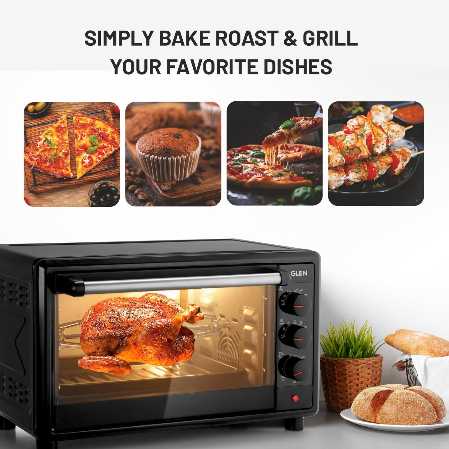GLEN 25L Oven Toaster Griller (OTG) | 1700W Convection Oven | 60-Min Timer, Oven Light & Removable Crumbs Tray – Black (SA5025)