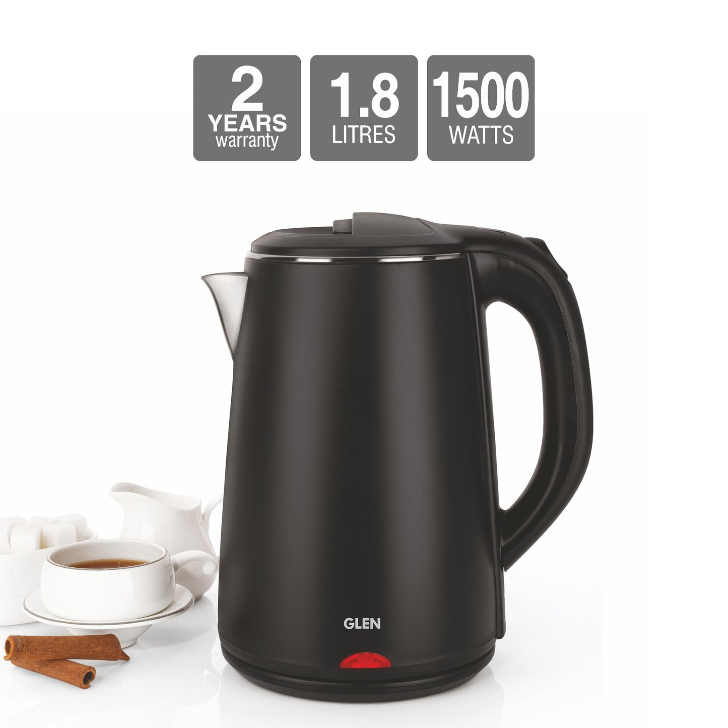 GLEN Electric Kettle 1.8 Litre Plastic Clad Stainless Steel | 360° Rotation Base, Auto Shutoff, 1500 W (SA-9007BLACK)