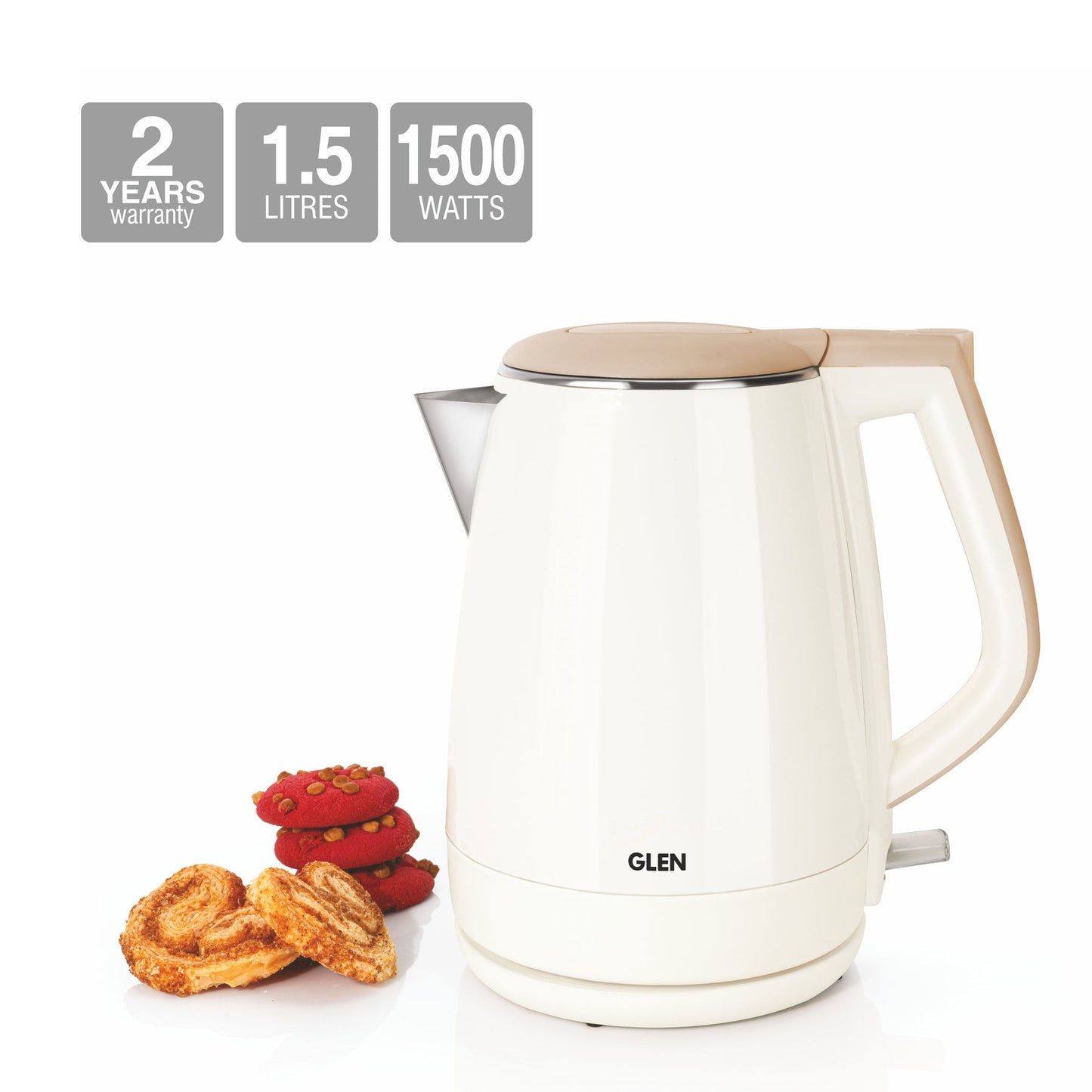 GLEN Electric Kettle 1.5 Litre Plastic Clad Stainless Steel | 360° Rotation Base, Auto Shutoff | 1500 W (SA-9006)