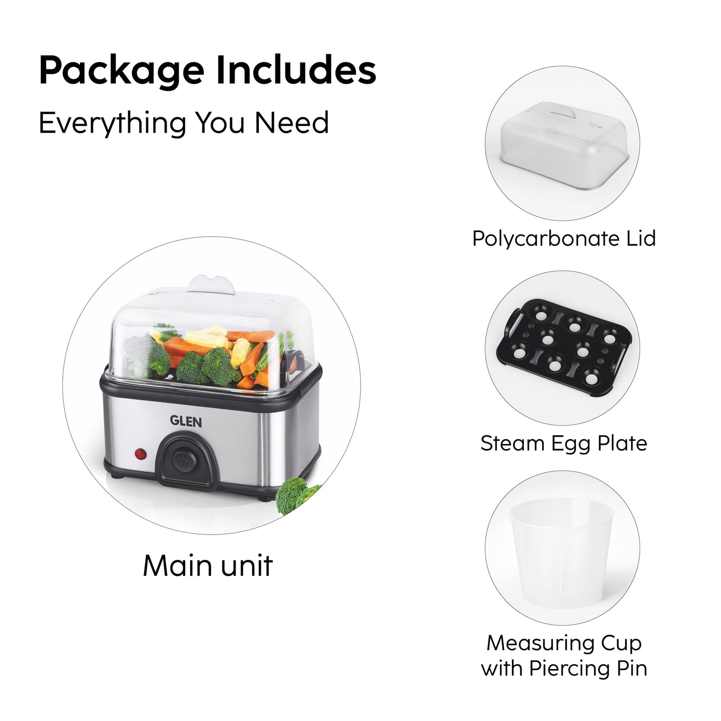 GLEN Egg Boiler Steamer | Boils upto 8 Eggs | Ready Indicator, Extra Steaming Rack for Vegetables | Auto shut Off, Push Button Start 350W (SA3036EBS)