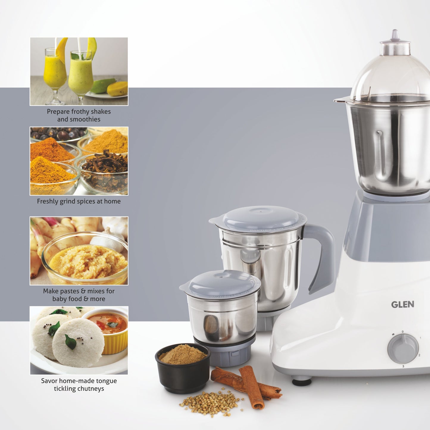 Mixer Grinder 750W with 3 Stainless Steel Liquidiser, Grinder and Chutney Jars - Grey (4025)