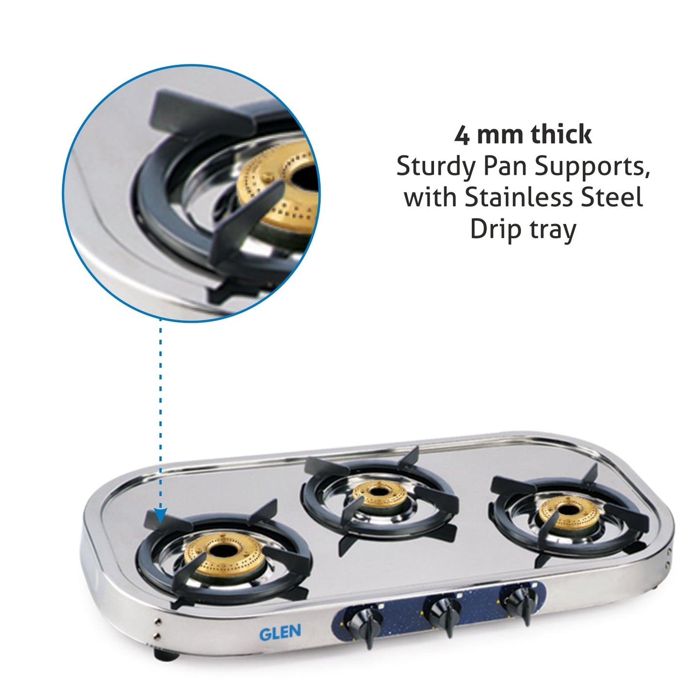 3 Burner Stainless Steel Gas Stove with High Flame Brass Burner Drip Tray (1033 SS HFDT BB)