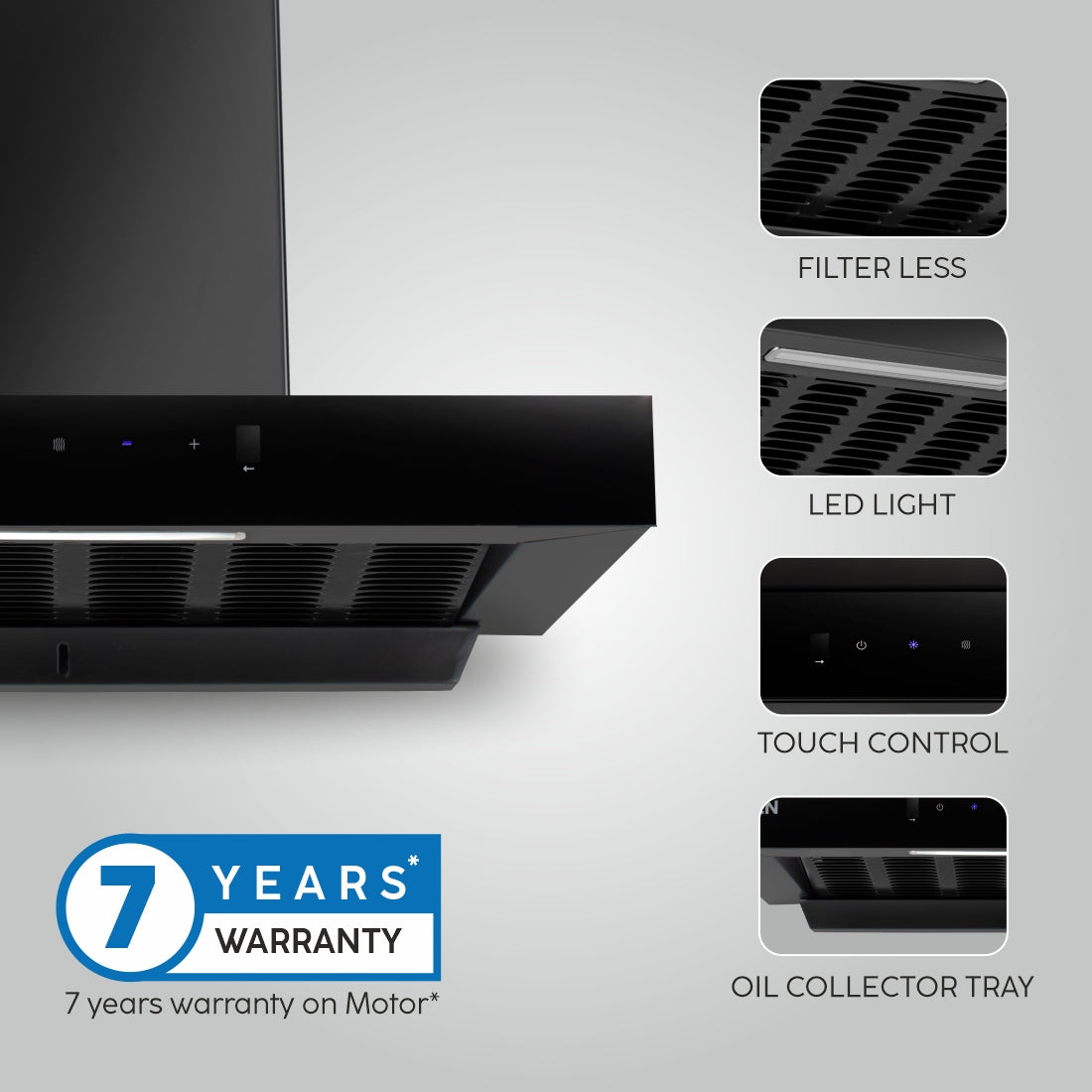 Auto Clean Slim Filter less Kitchen Chimney with Motion Sensor 60/90cm, 1200 m3/h (6052 SLIM BL AC)