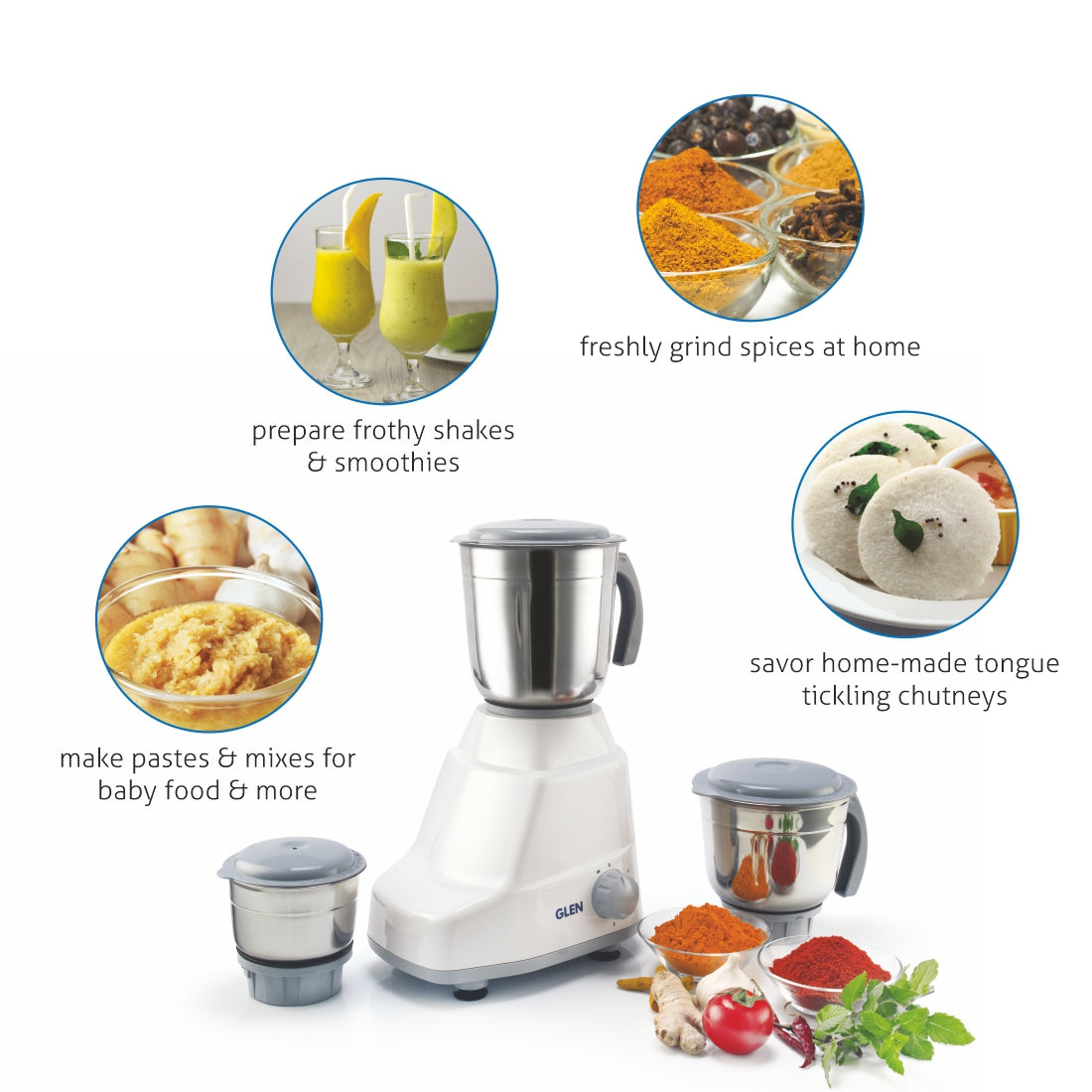 Mixer Grinder 500W 100% Copper Motor With 3 Stainless Steel Blender, Grinder and Chutney Jars - White (4020)