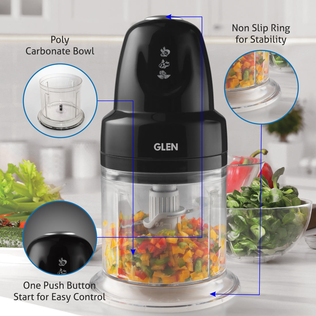 Electric Vegetable Chopper, 2 Stainless Steel Blade, Whisking Disc 0.5 Litres Bowl, 200W - Black (4043 Turbo)