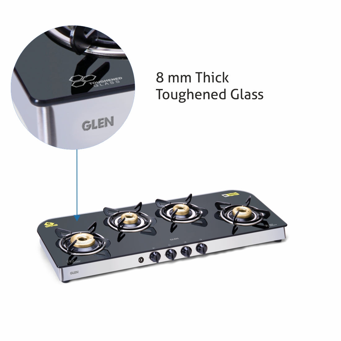 4 Burner Glass Gas Stove Extra Wide 1 High Flame 3 Forged Brass Burner Auto Ignition (1049 GT FB AI)