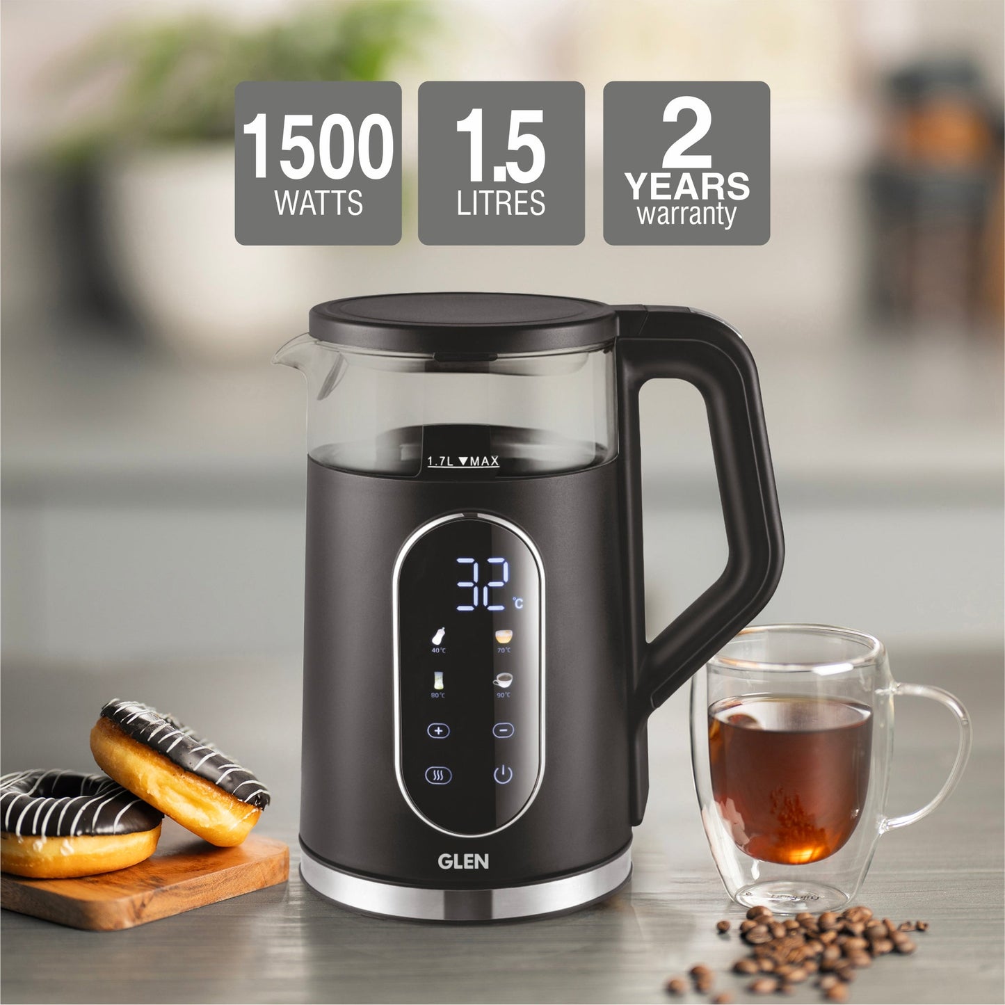 GLEN Electric Kettle 1.5 Litre | Digital Display Touch Control and 4 Pre Set Functions | Auto Shutoff, 1500W (SA-9008GLBL)