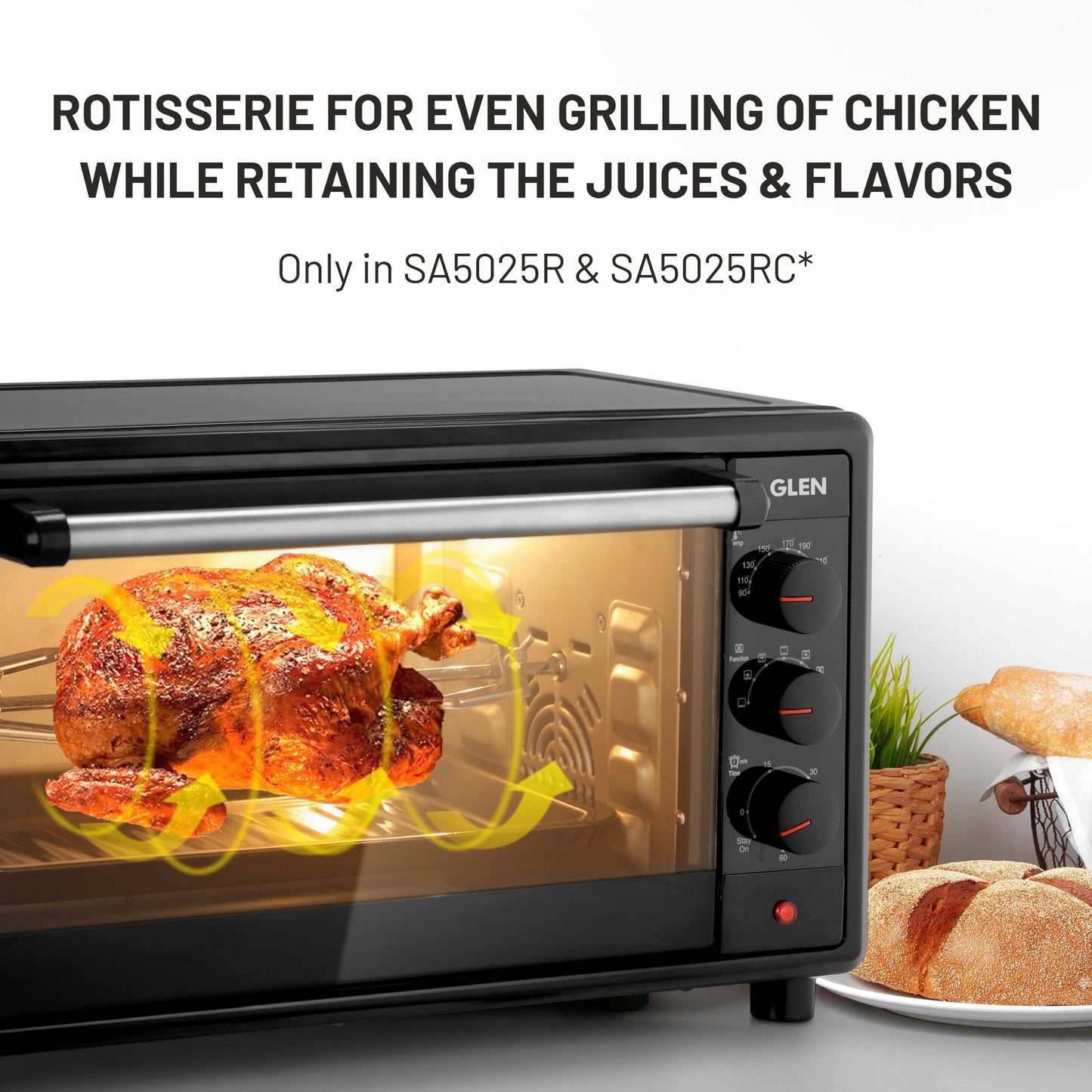 GLEN 25L Oven Toaster Griller (OTG) | 1700W Convection Oven | 60-Min Timer, Oven Light & Removable Crumbs Tray – Black (SA5025)