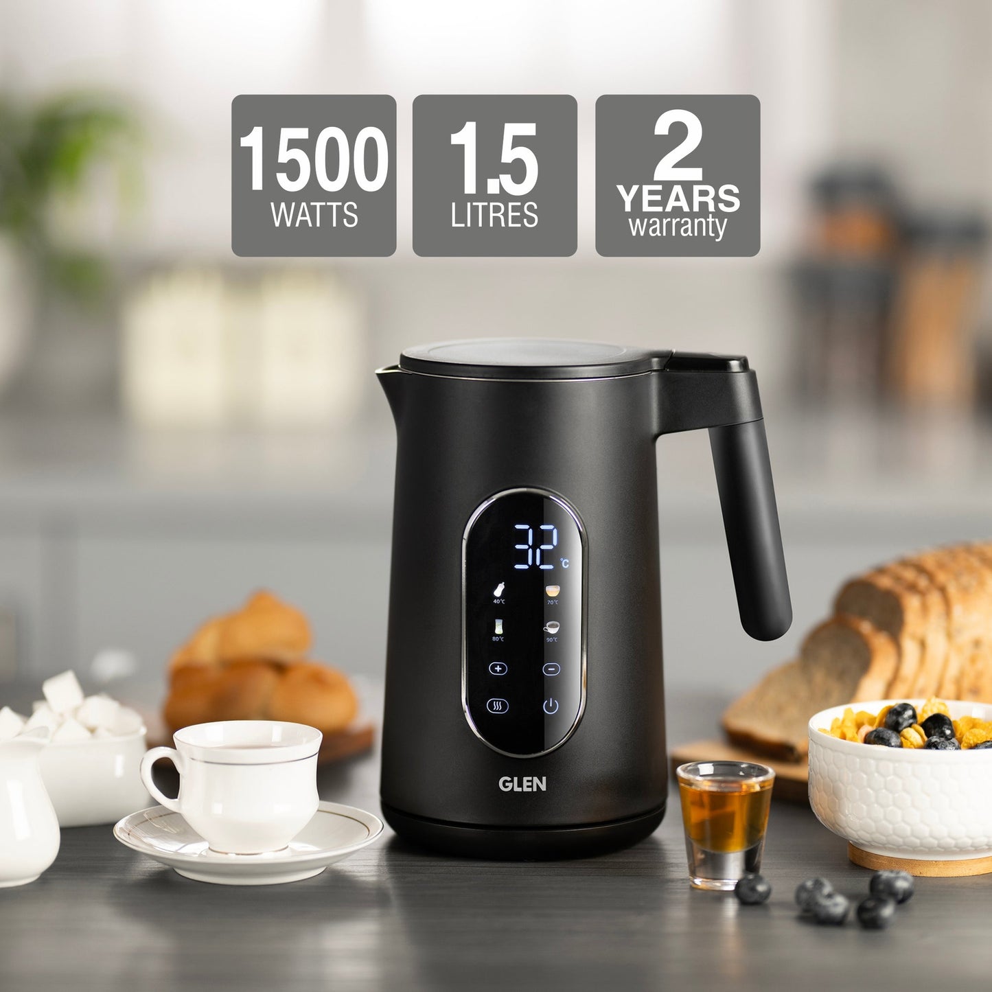 GLEN Electric Kettle 1.5 Litre with Digital Display Touch Control | 4 Pre Set Functions, Auto Shutoff, 1500W (SA-9009SSBL)