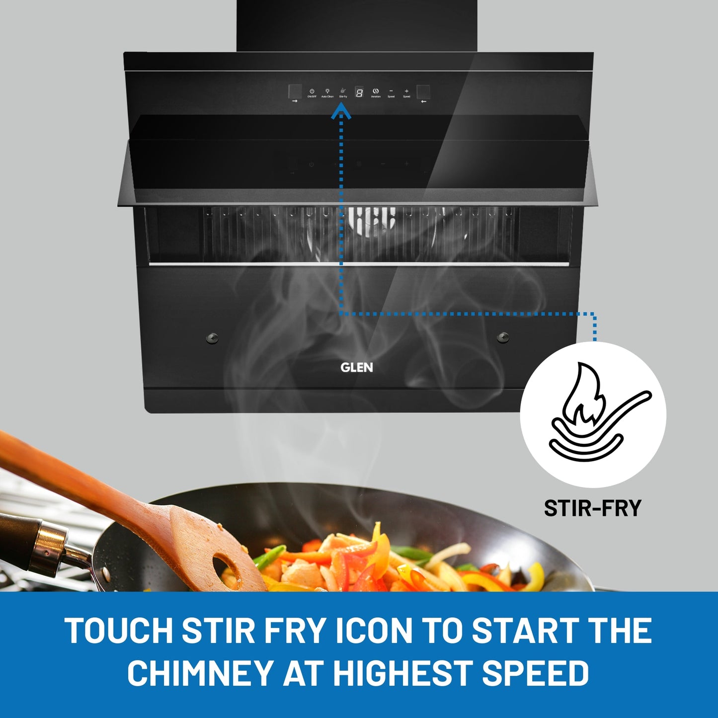 GLEN Auto Clean Vertical Glass Chimney (CH 6073 HSR DC AC) | Filter-less Design with Heat Sensor & BLDC Motor 1600 m³/h | Touch & Motion Control, Remote Operated – 60/75/90 cm