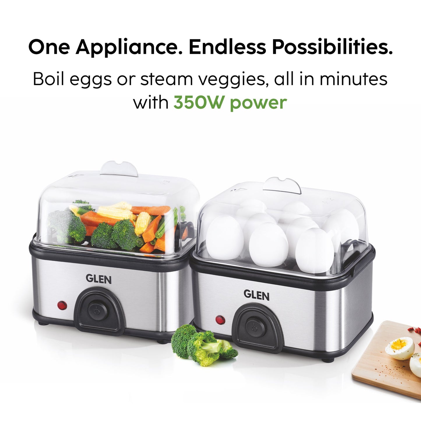 GLEN Egg Boiler Steamer | Boils upto 8 Eggs | Ready Indicator, Extra Steaming Rack for Vegetables | Auto shut Off, Push Button Start 350W (SA3036EBS)