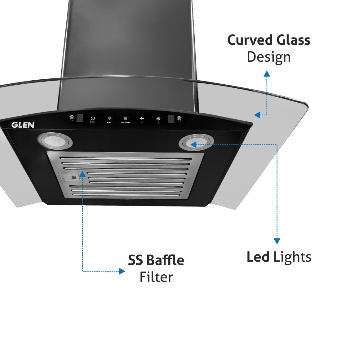 Auto Clean Chimney Curved Glass Baffle Filters with Motion Sensor 60/90cm 1200 mB3/h - Black (6063 BL)