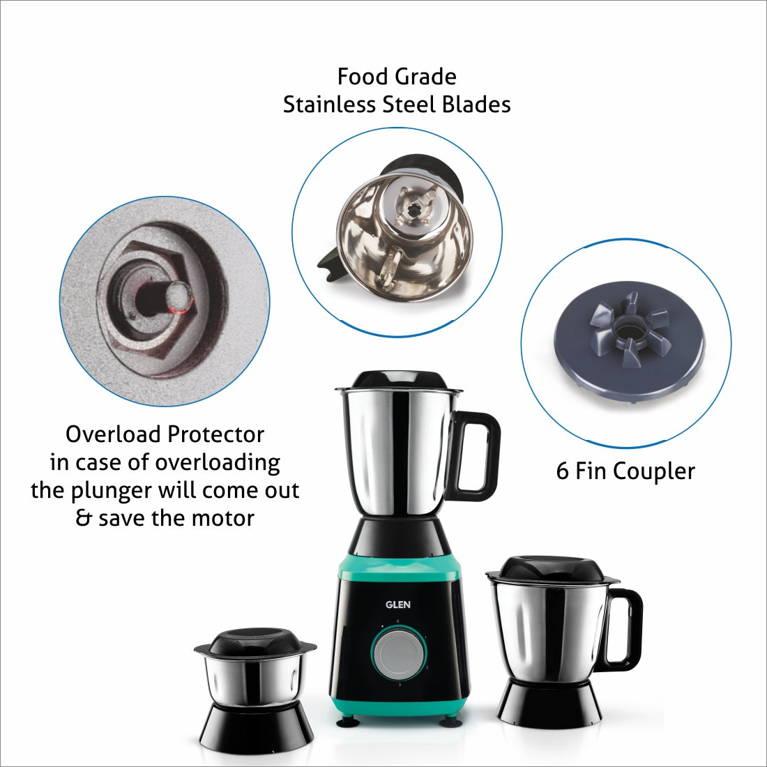 Mixer Grinder 750W 100% Copper Motor, 3 Stainless Steel Liquidiser, Grinder, Chutney Jars - Black & Green (4030)