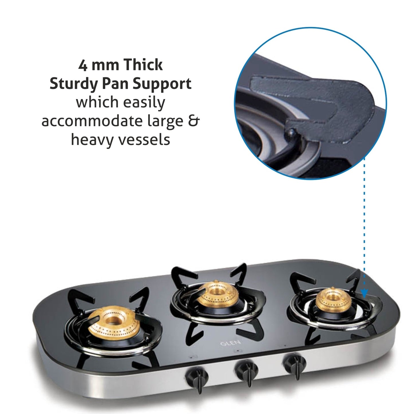 3 Burner Black Glass Gas Stove with High Flame Brass Burner (1036GT) - Manual/ Auto Ignition