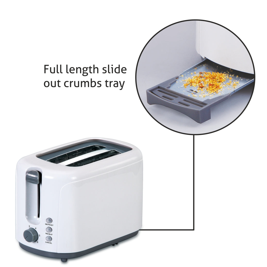 Electric Auto Pop-up 2 Slice Toaster, 750W, 6 Level Browning Control, Removable Crumb Tray - White (3019)