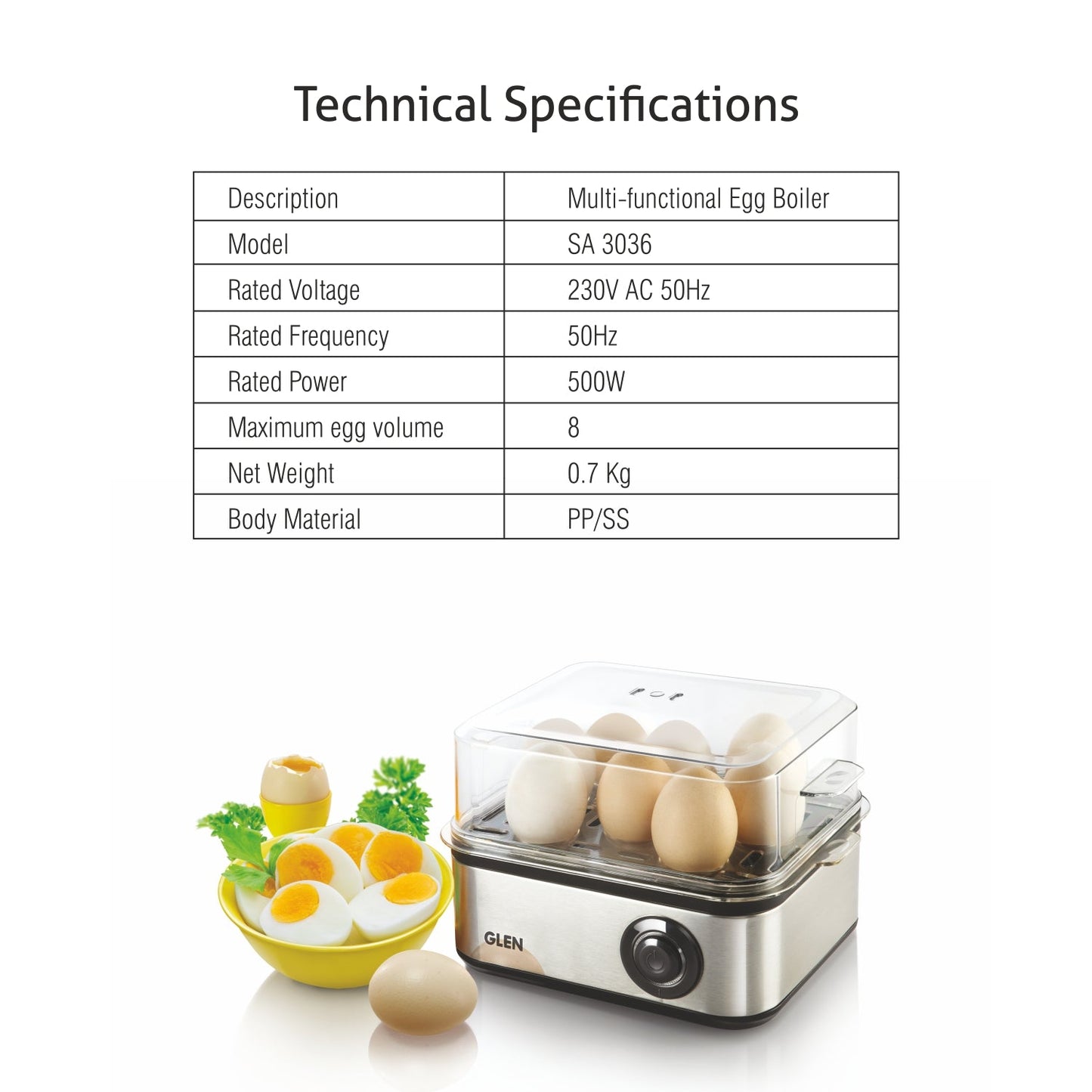 Egg Boiler Boils 8 Eggs, 4 Poaching Cups, Auto shut Off, 500W (3036EB8)