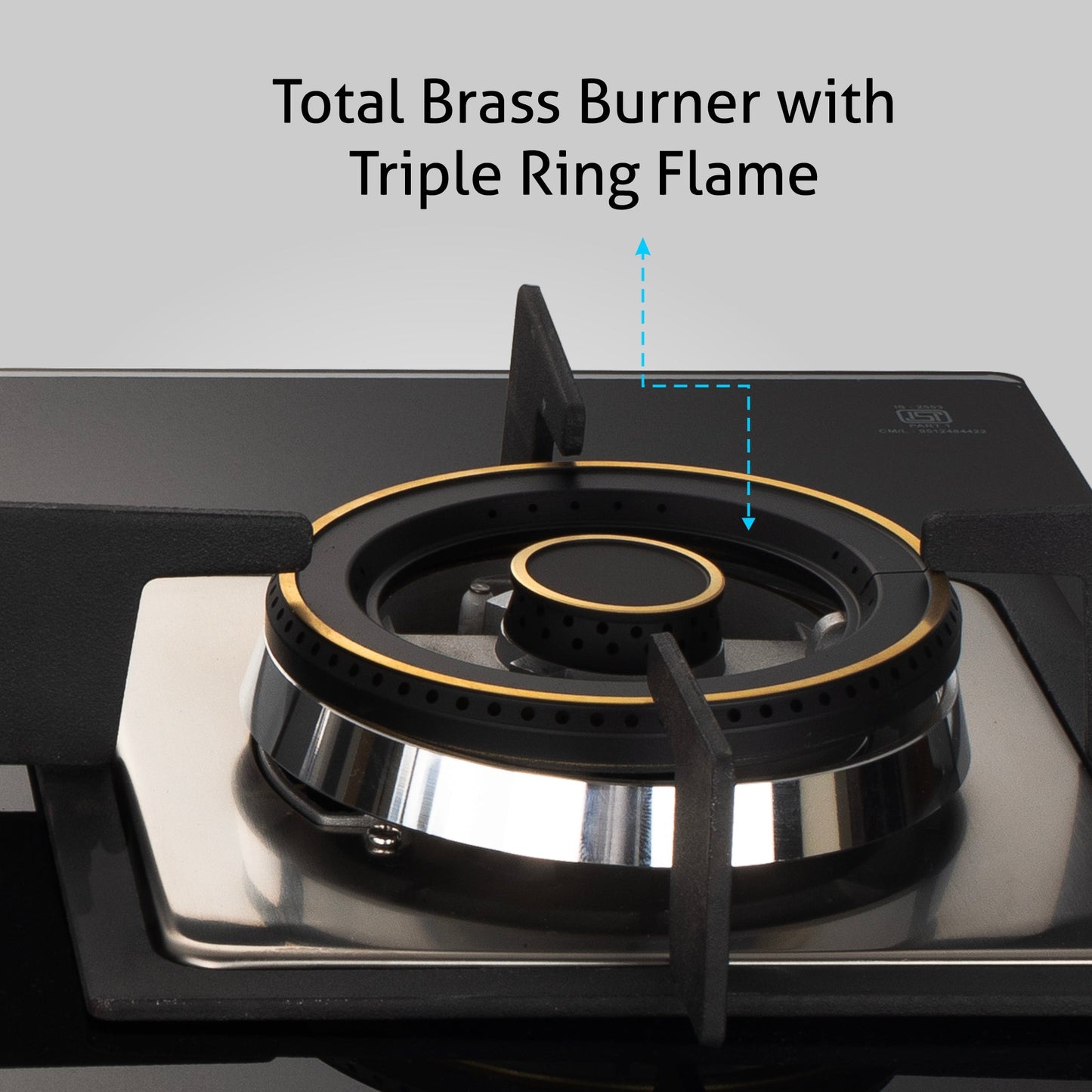 3 Burner Glass Hob Top with Triple Ring Burner Double Ring Forged Brass Burners Auto Ignition (1063 SQ HT DB TR)