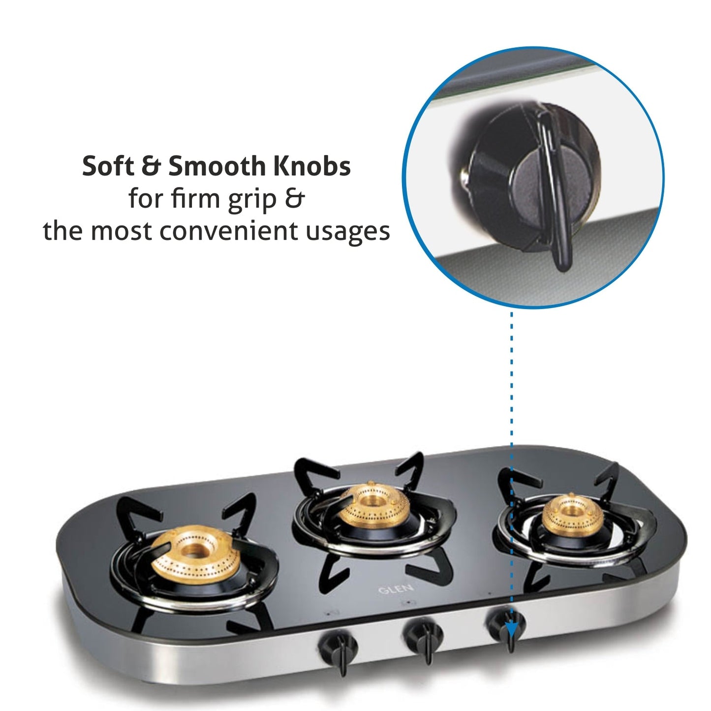 3 Burner Black Glass Gas Stove with High Flame Brass Burner (1036GT) - Manual/ Auto Ignition