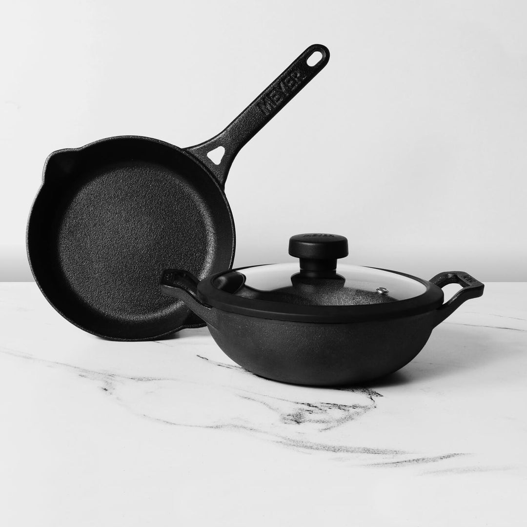 Meyer Pre- Seasoned Cast Iron 3 Piece Cookware Set - 20cm Frypan + 20cm Kadai with Interchangeable Lid