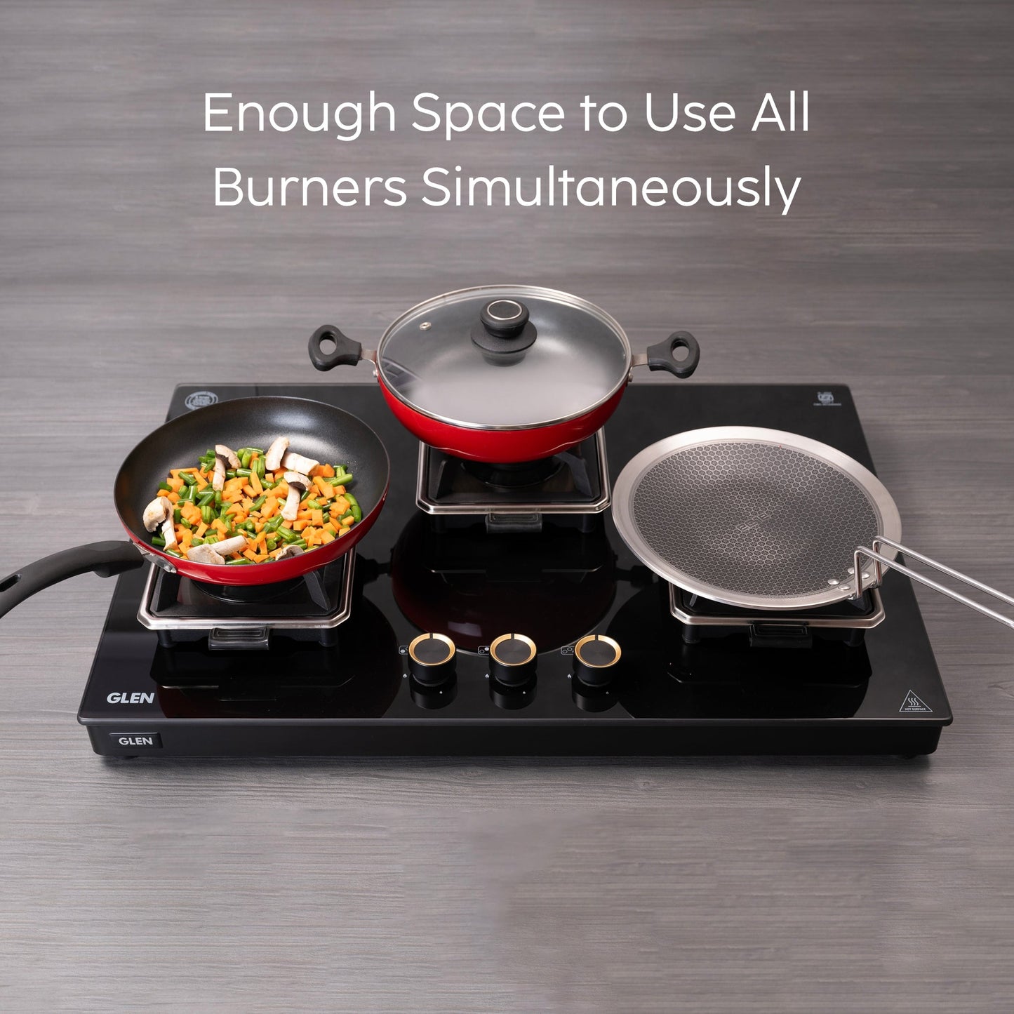 GLEN 3 Burner Swift Glass Gas Stove with Multi Ring Forged Brass Burners (CT1038GTBLSWIFT)
