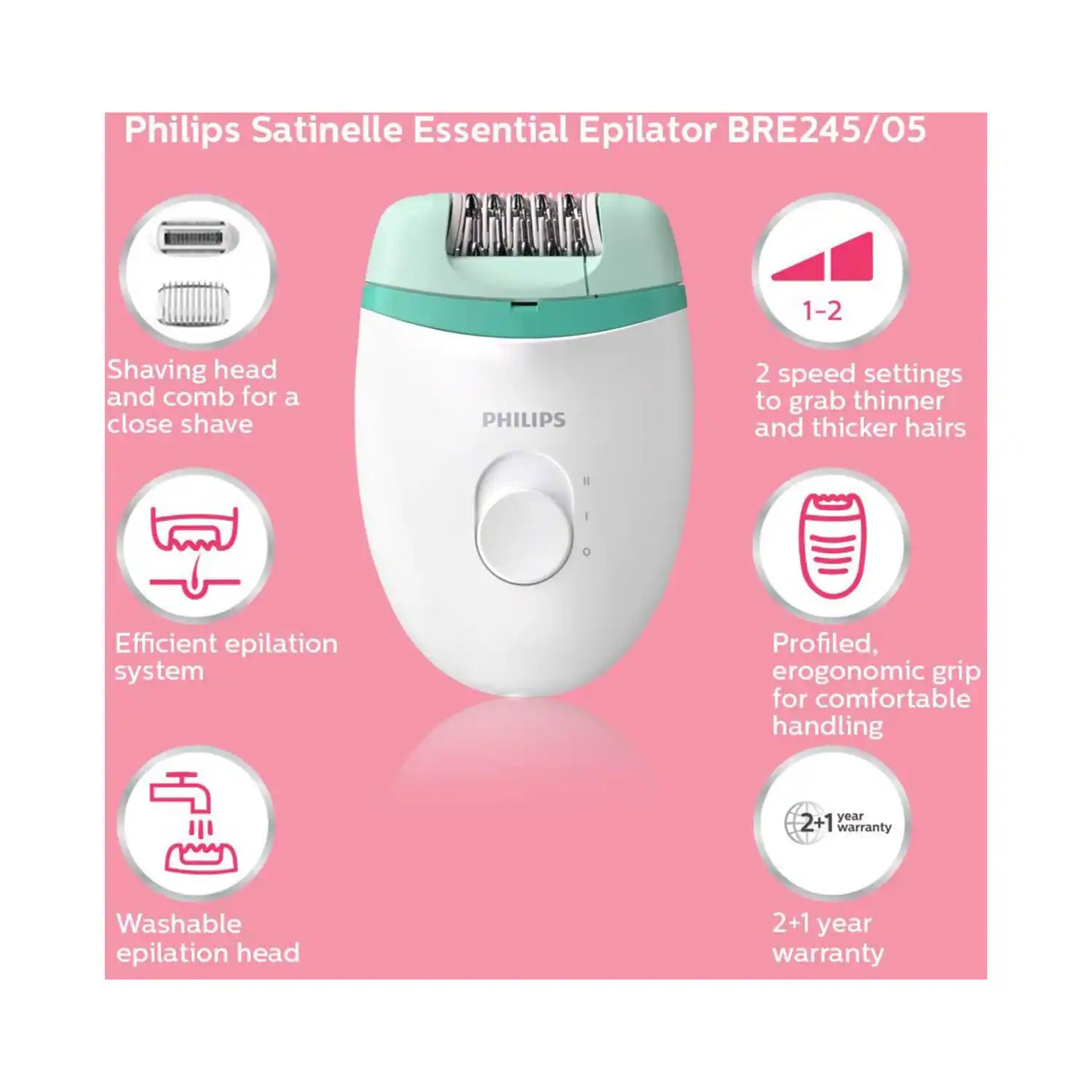PHILIPS Corded Compact Epilator - White, Green (BRE245/00)