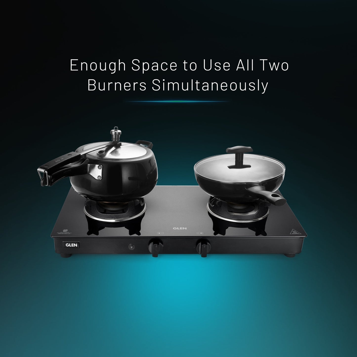 2 Burner Glass Gas Stove with High Flame Brass Burner Crown Pan Supports (CT 1022 GT BB BL HF CP) - Manual/Auto Ignition