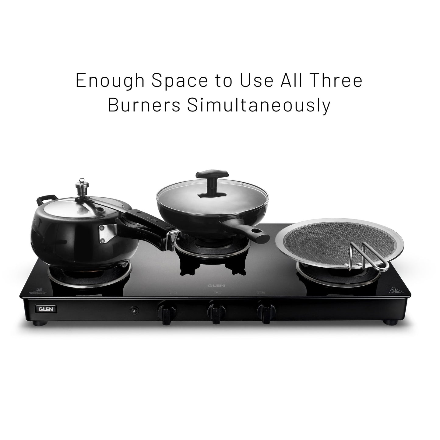 GLEN 3 Burner PNG Glass Gas Stove with High Flame Brass Burner and Crown Pan Supports (CT1038GTBBBLHFCPPN)