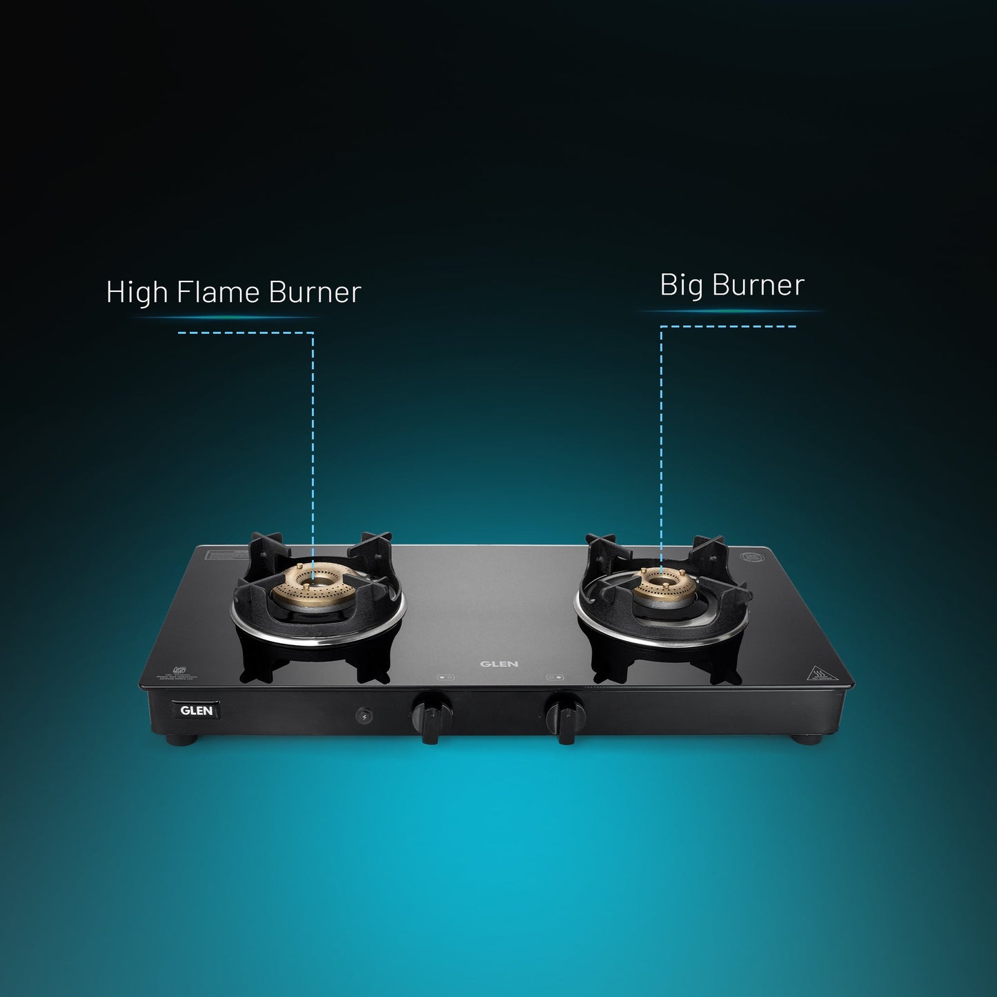 2 Burner Glass Gas Stove with High Flame Brass Burner Crown Pan Supports (CT 1022 GT BB BL HF CP) - Manual/Auto Ignition