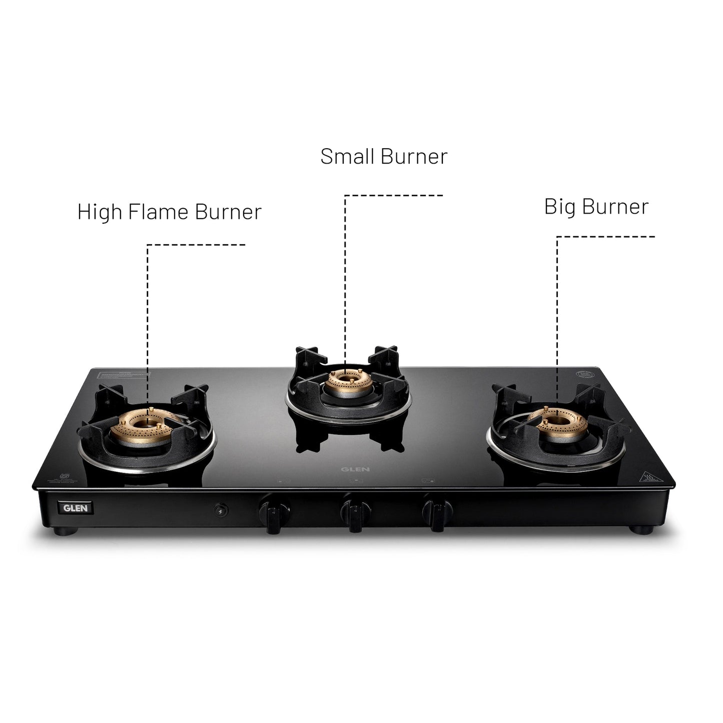 GLEN 3 Burner PNG Glass Gas Stove with High Flame Brass Burner and Crown Pan Supports (CT1038GTBBBLHFCPPN)