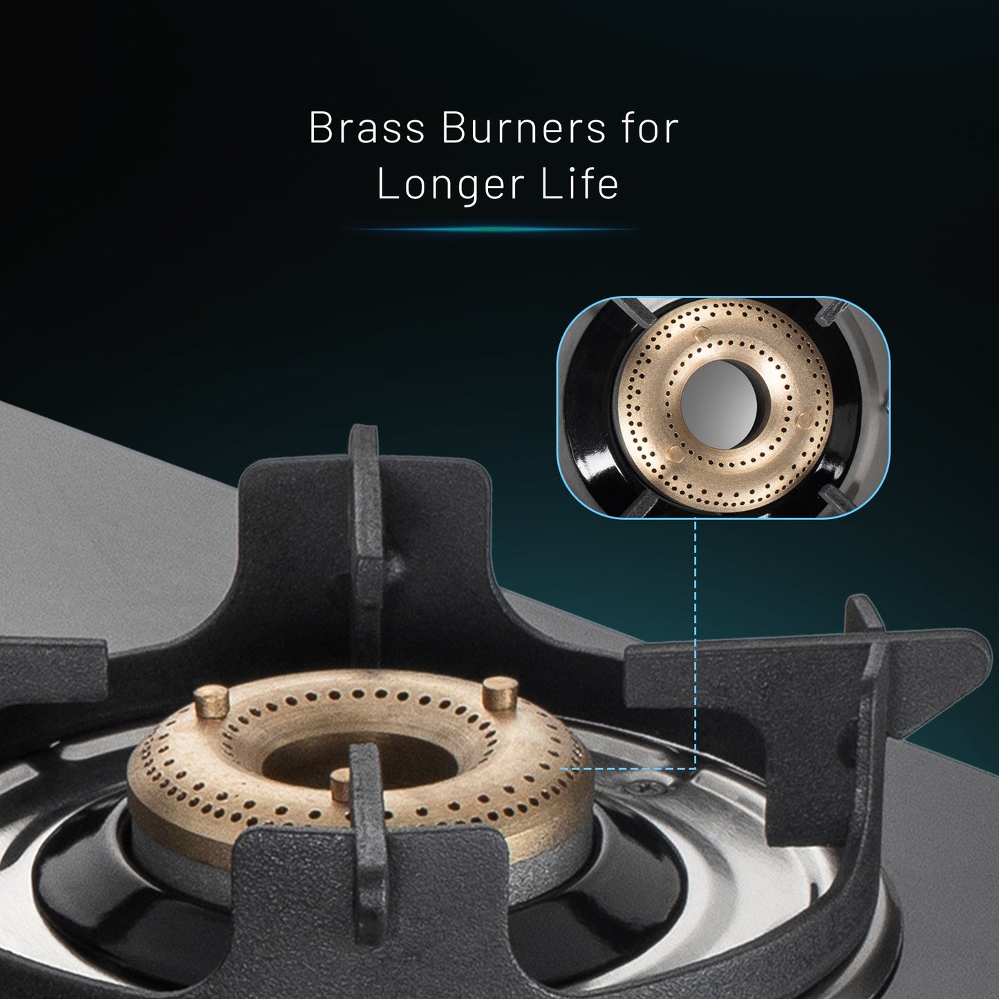 2 Burner Glass Gas Stove with High Flame Brass Burner Crown Pan Supports (CT 1022 GT BB BL HF CP) - Manual/Auto Ignition