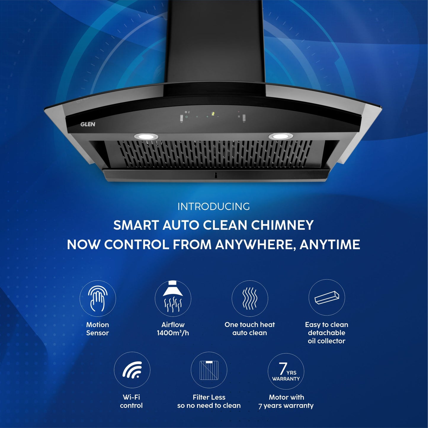 Auto Clean Chimney Curved Glass Filter-less with Wi-Fi Control 1400 mB3/h - 60/76/90cm (CH 6068 AC BLS)