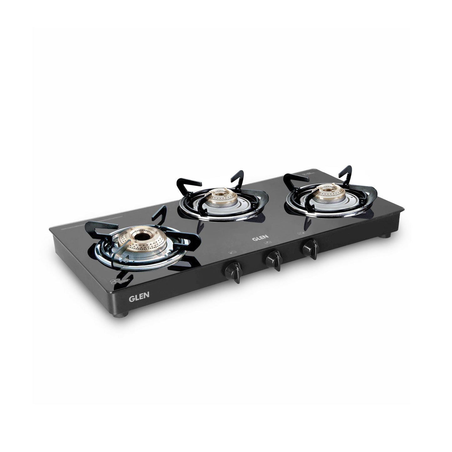 GLEN 3 Burner Glass Gas Stove with High Flame Brass Burner Double Drip Tray (CT032GTHFBBDDBL) - Manual/Auto Ignition