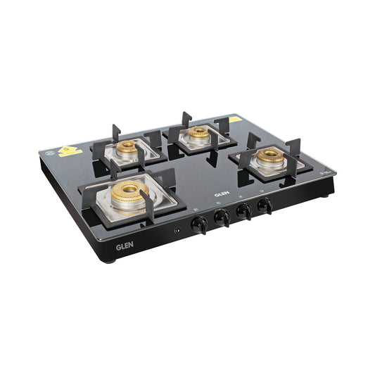 GLEN 4 Burner Glass Gas Stove 1 High Flame 3 Forged Brass Burner Auto Ignition 70 CM Black (CT1048GTSQBLFBAI)